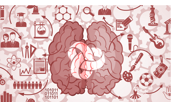 Ilustración sobre bienestar laboral y hábitos saludables para cuidar la salud mental y el cerebro en el trabajo