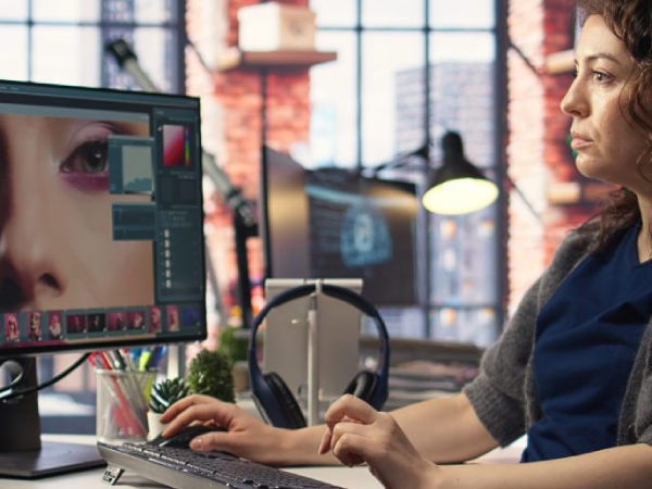 Mujer diseñadora editando y haciendo retoque fotográfico en la pantalla de su ordenador
